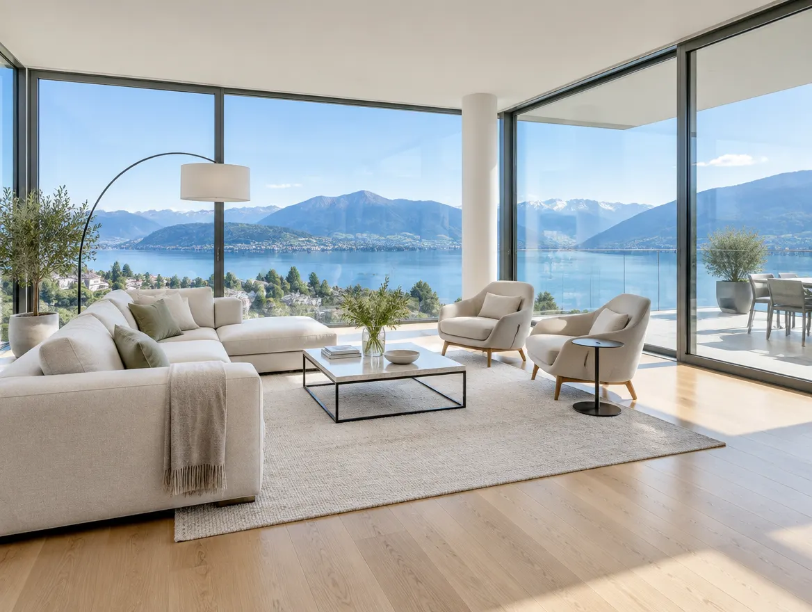 Salon d'attique avec baies vitrees sur le lac