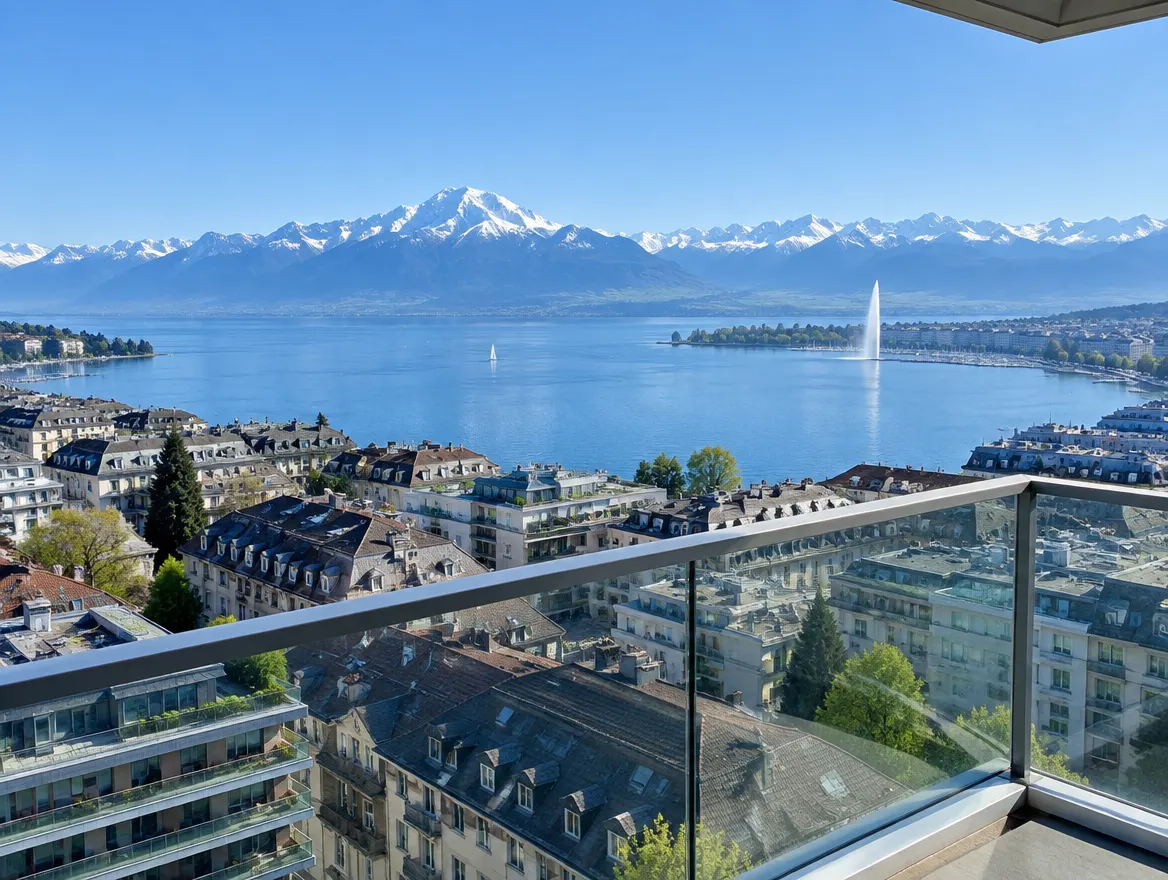 Vue depuis un balcon sur le lac Leman et les Alpes