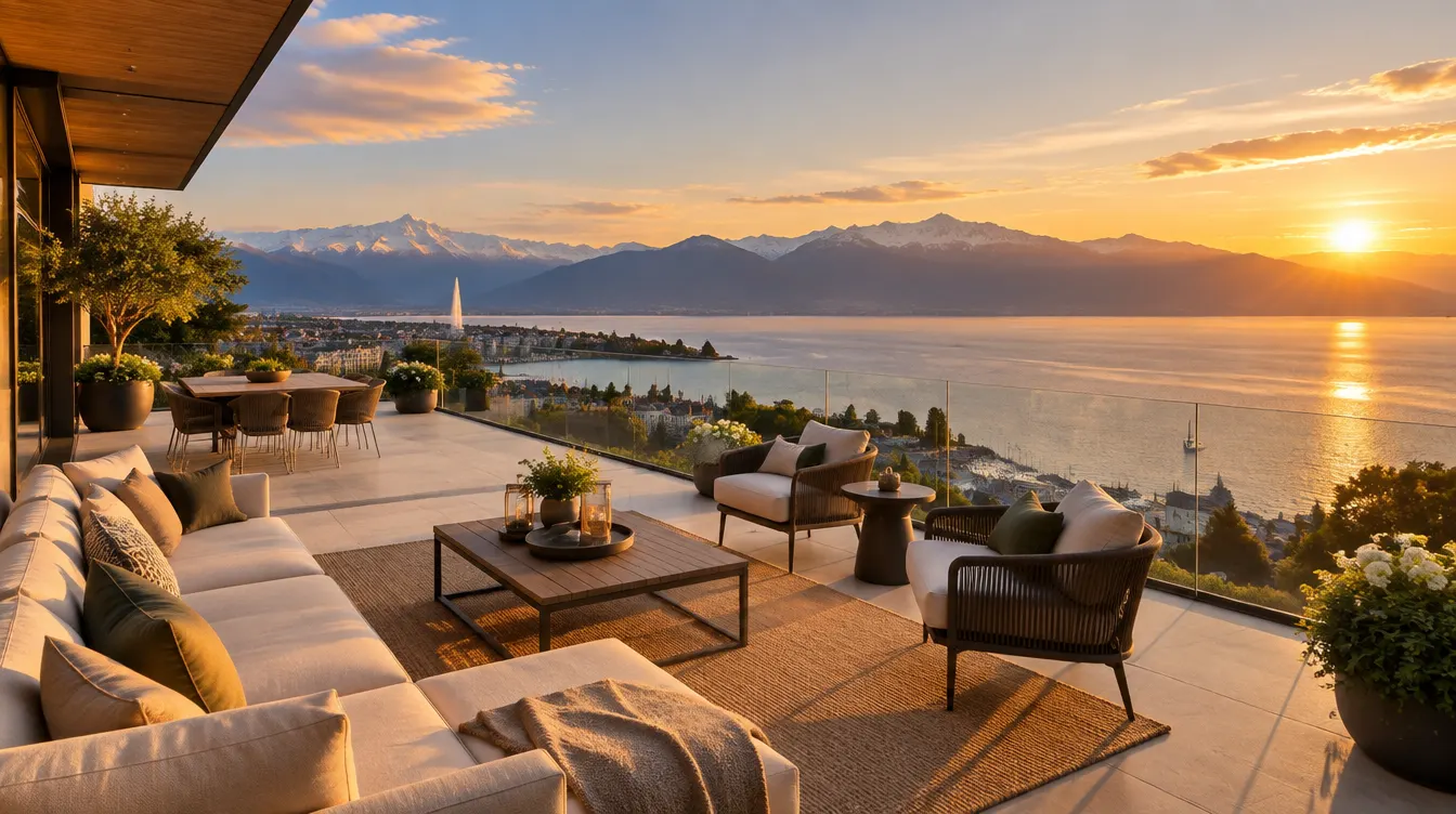 Terrasse d'attique avec vue sur le lac et les Alpes