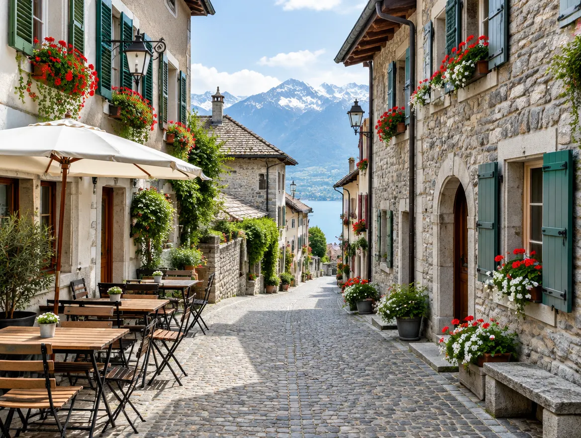 Ruelle pietonne de vieille ville avec terrasse de cafe