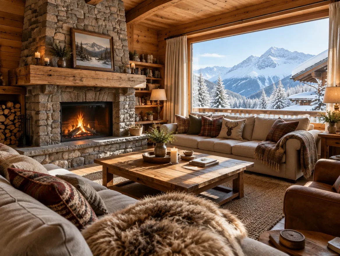 Salon de chalet avec cheminee et boiseries