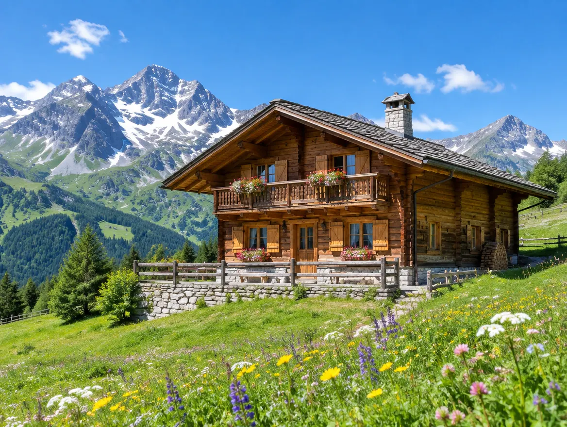 Chalet en bois dans un pre alpin en ete
