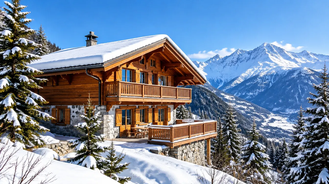 Chalet en bois dans les Alpes valaisannes sous la neige